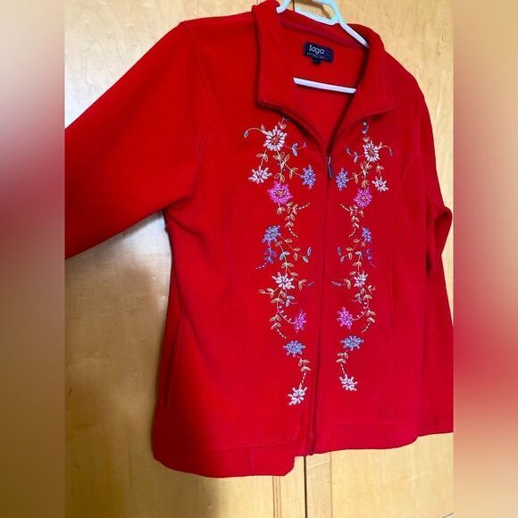 Beautiful red floral fleece zip up jacket sweater pullover - Picture 1 of 6